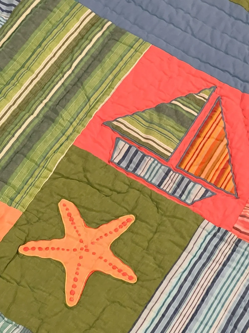 The Company Store Coastal Patchwork Quilt in Coral, Teal & Green 100x90” king